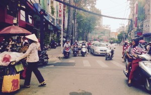 Traffic and wires on the streets of Ho Chi Minh City (Saigon)
